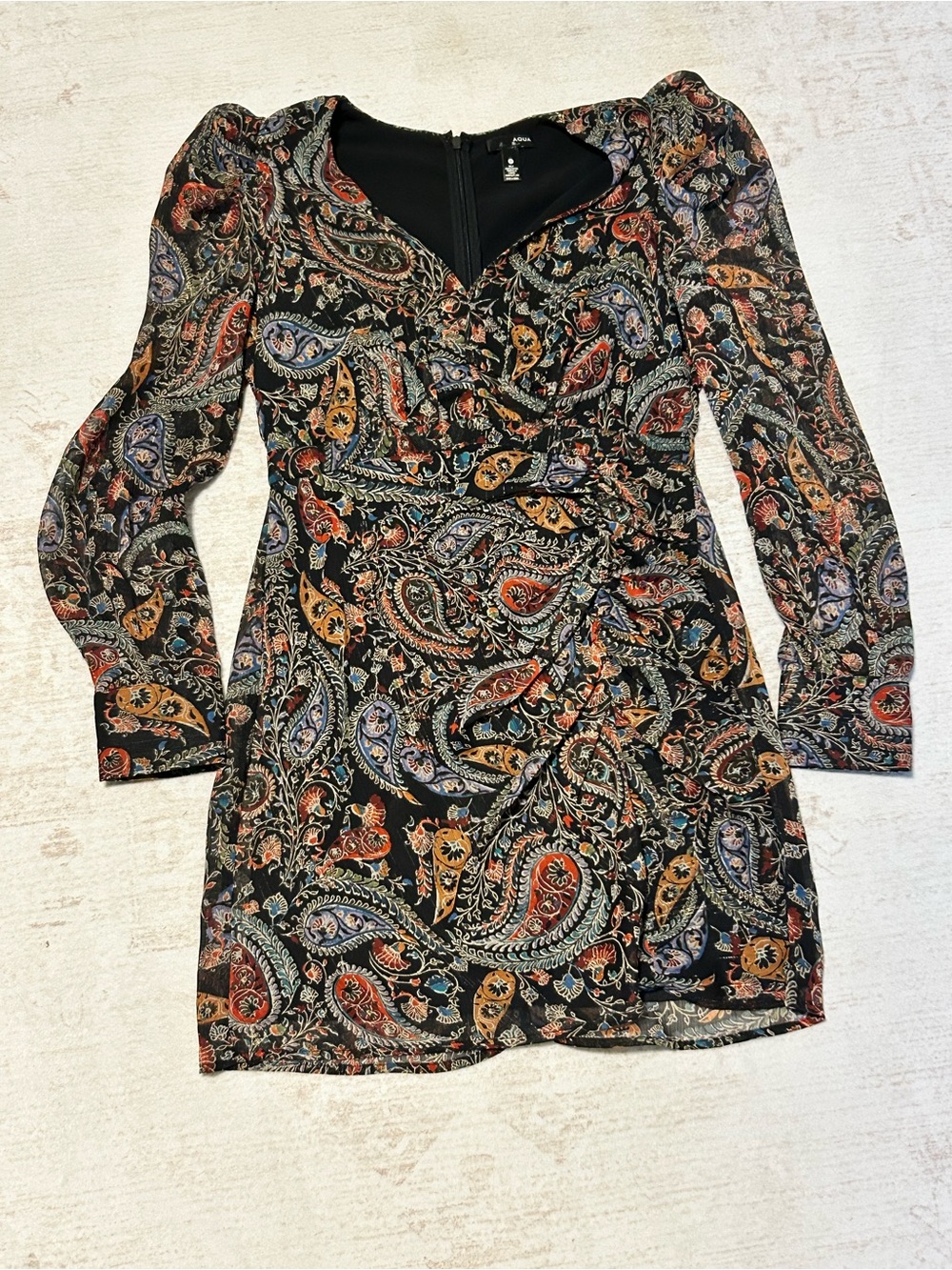 Aqua Multicolor Paisley Long Sleeve Wrap Dress in Black